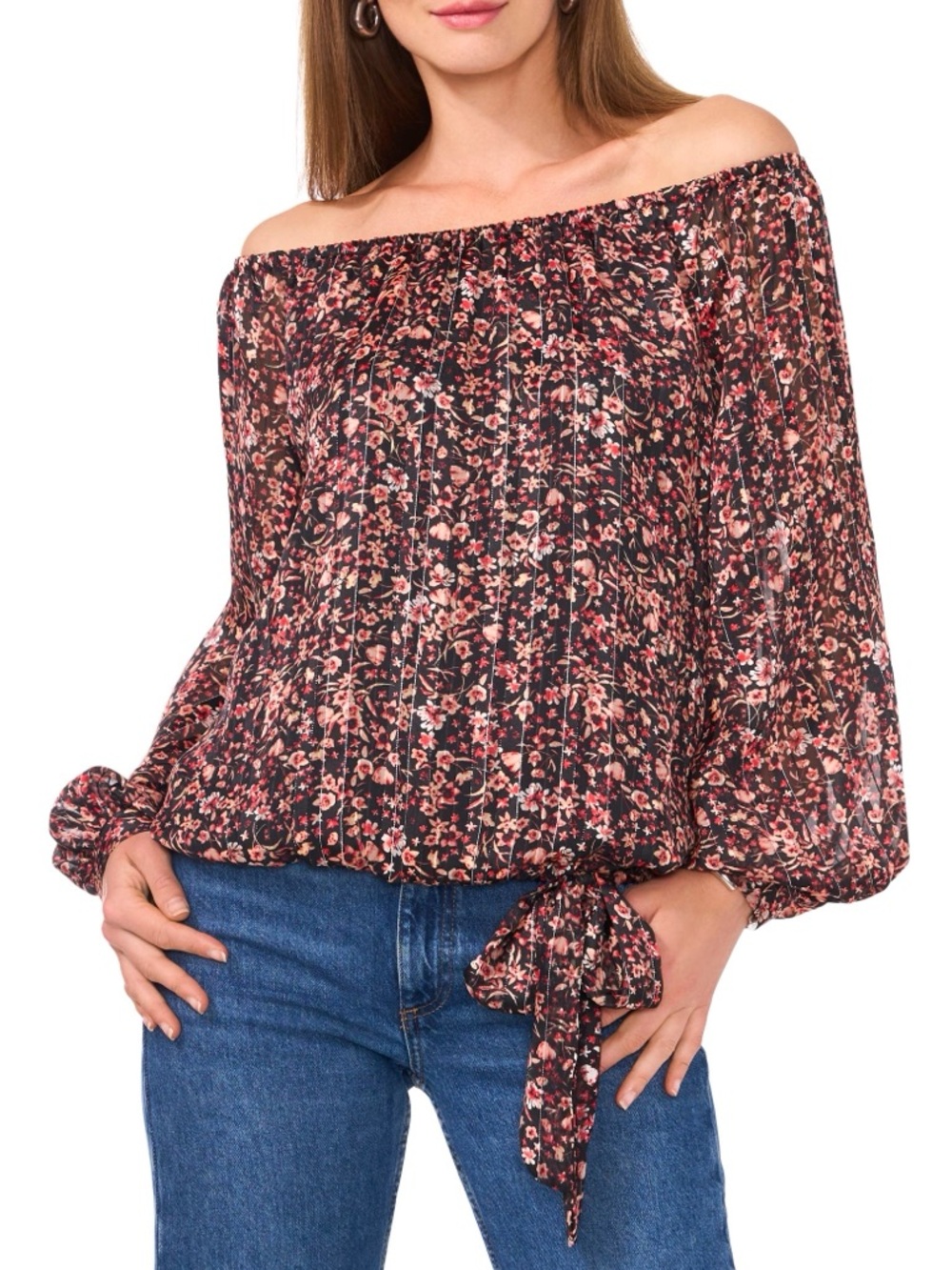 Vince Camuto Floral Metallic Stripe Off the Shoulder Top